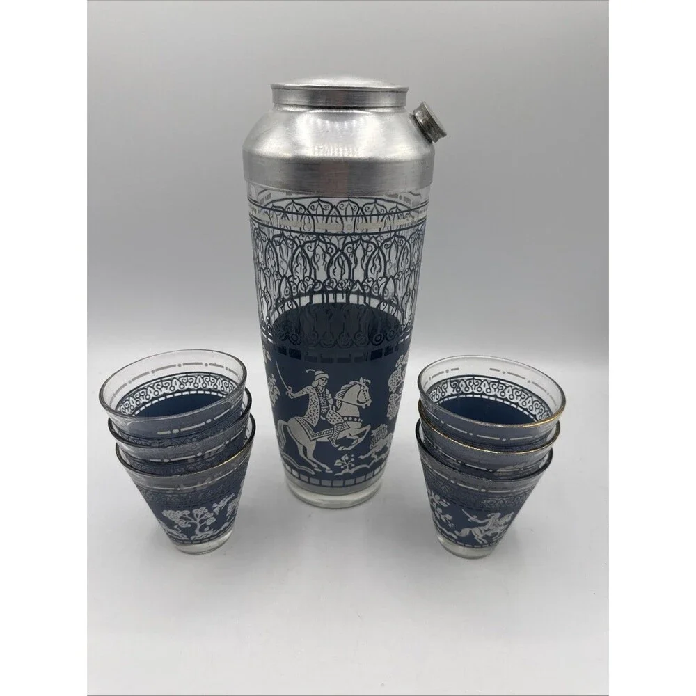Vintage Hazel Atlas Arabian Knights Cocktail Shaker & 6 Glasses Blue Barware